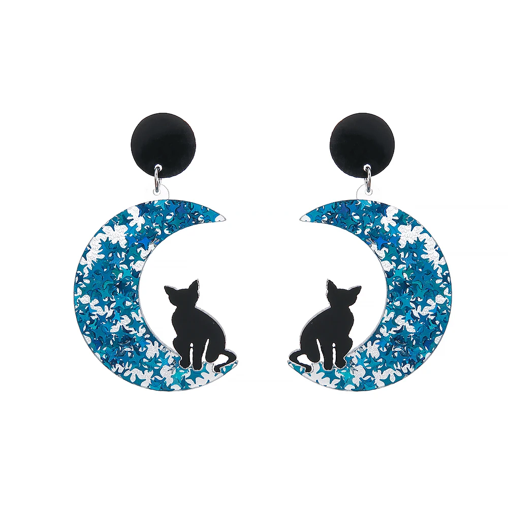 Creative Cute Big Acrylic Black Cat on the Moon Dangle Drop Earrings Dainty Chic Lovely Animal Moon Star Hook Earring for Girls