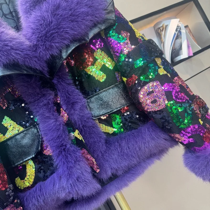 2025 خريف شتاء موضة جديدة الثقيلة الفراء الترتر المرقعة أنيق سميكة معطف الشتاء فو الفراء سترة ملابس خارجية السيدات