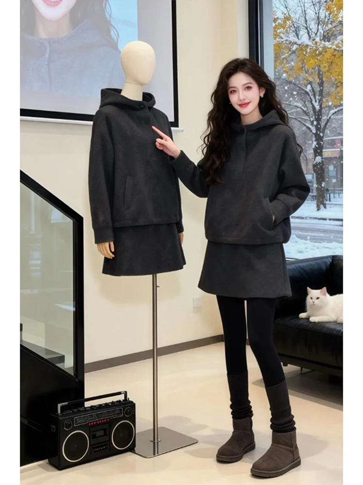 

Повседневная однотонная толстовка с капюшоном и юбкой, женский модный комплект, красивый зимний наряд, дышащий полиэстер средней весы с высокой талией