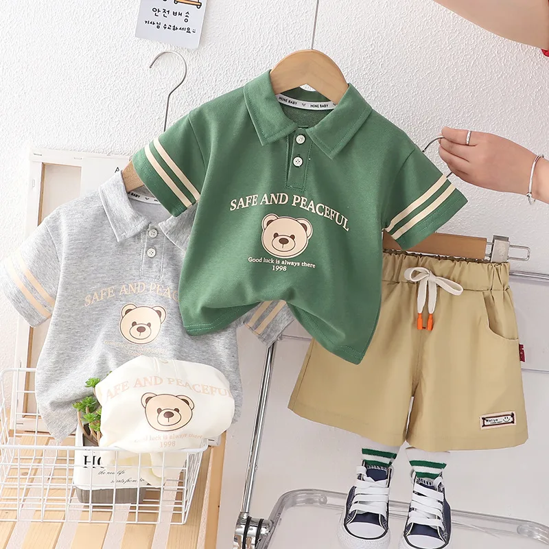 Children's clothing boys POLO shirt set, summer new baby lapel short sleeved two-piece set, children's summer clothing