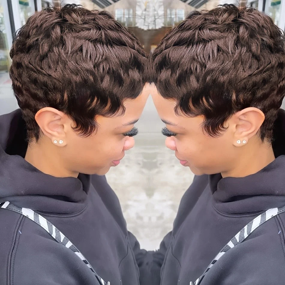 人毛ショートピクシーカットレミーウィッグフルマシンメイドボブウィッグ前髪付き