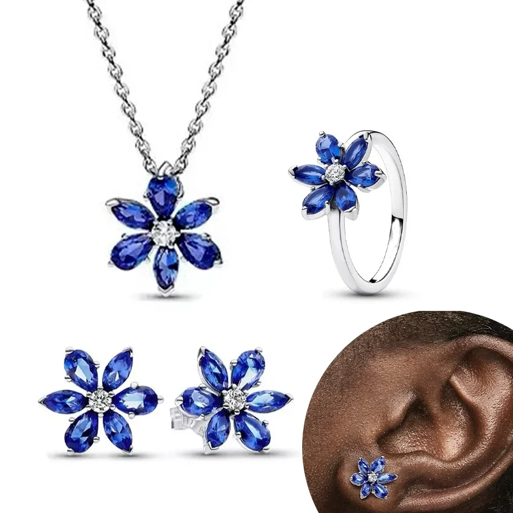 Boucles d'oreilles en argent Sterling 925, série de fleurs en verre bleu scintillant, pendentif, collier, bague, bijoux personnalisés haut de gamme pour femmes, cadeau