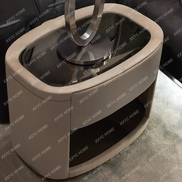 A  luxury wood bedside table brown microfiber leather bedside table MDF hotel nightstands