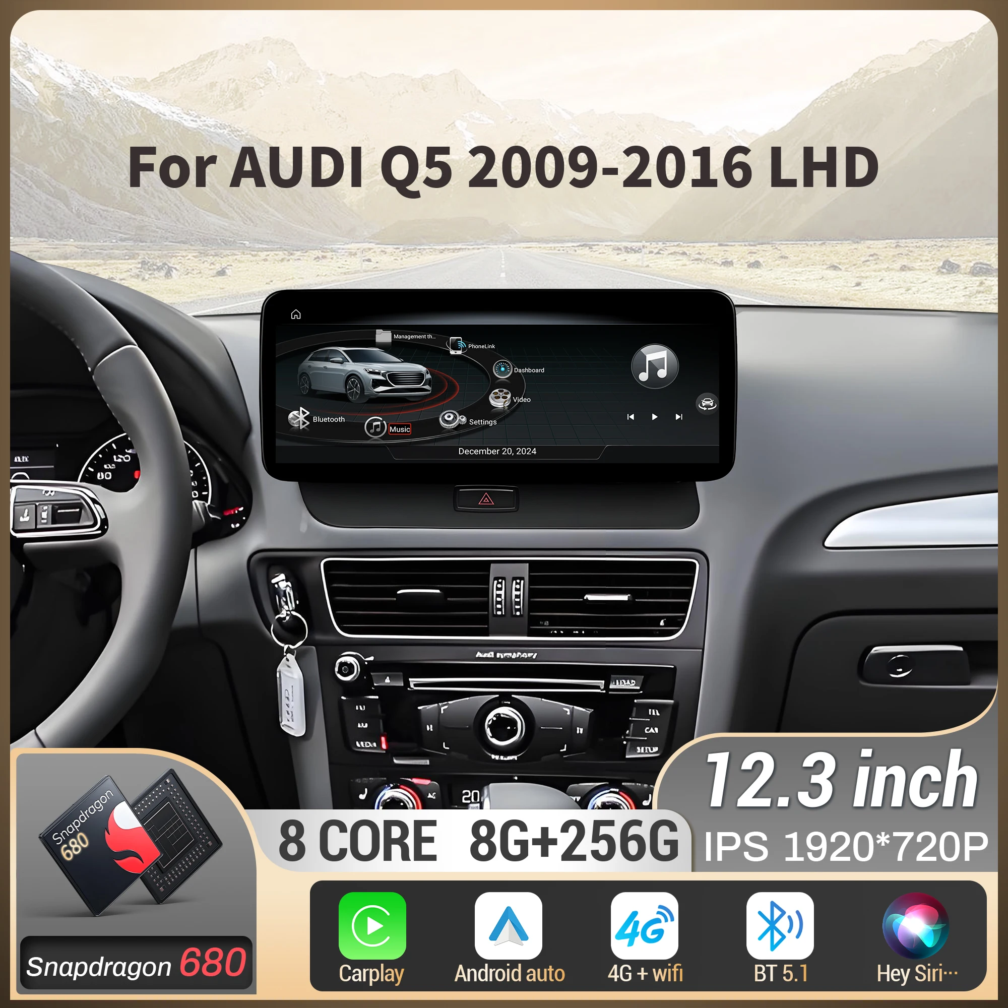 12.3 inch Car Radio For AUDI Q5 2009-2016  Android 14 Wireless BT Carplay Snapdragon 668S Touch Screen