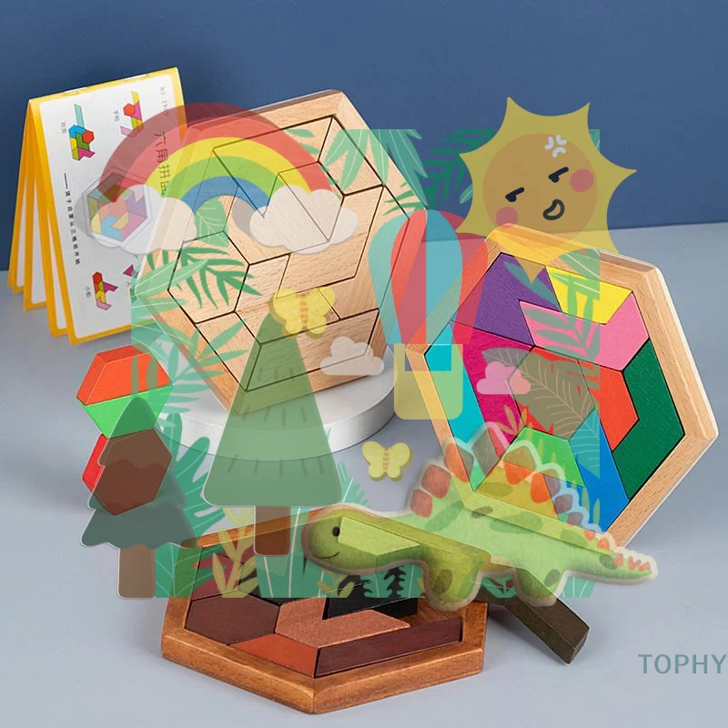 

Головоломка-танграм в форме шестиугольника, деревянные головоломки для детей и взрослых, сложные головоломки, деревянные головоломки-тесты на логику