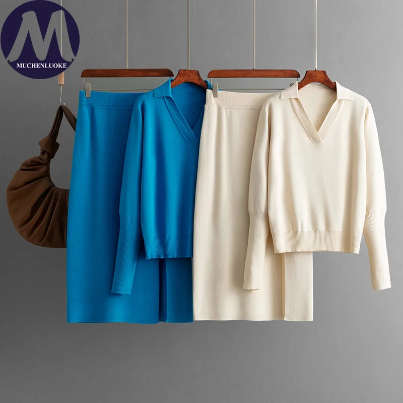 

Женский комплект из 2 предметов, осенне-зимний новый повседневный вязаный свитер с воротником-поло, топы, костюмы, модные комплекты с юбкой со свободной грудью