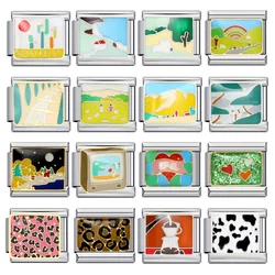 Trendy Colorful View Picture Italian Charm Link Fit 9mm Stainless Steel Bracelet Making DIY Jewelry Beads for Women Men