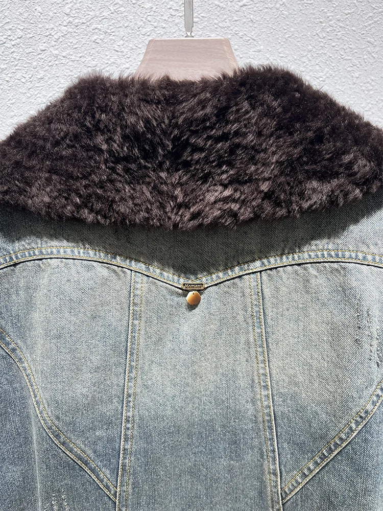 เสื้อแจ็คเก็ตยีนส์บุขนเป็ดสำหรับฤดูหนาว  คอปกขนแกะเมอริโนแท้  เสื้อพัฟเฟอร์ผู้หญิง  เสื้อโค้ทกันหนาวหนาสำหรับผู้หญิง
