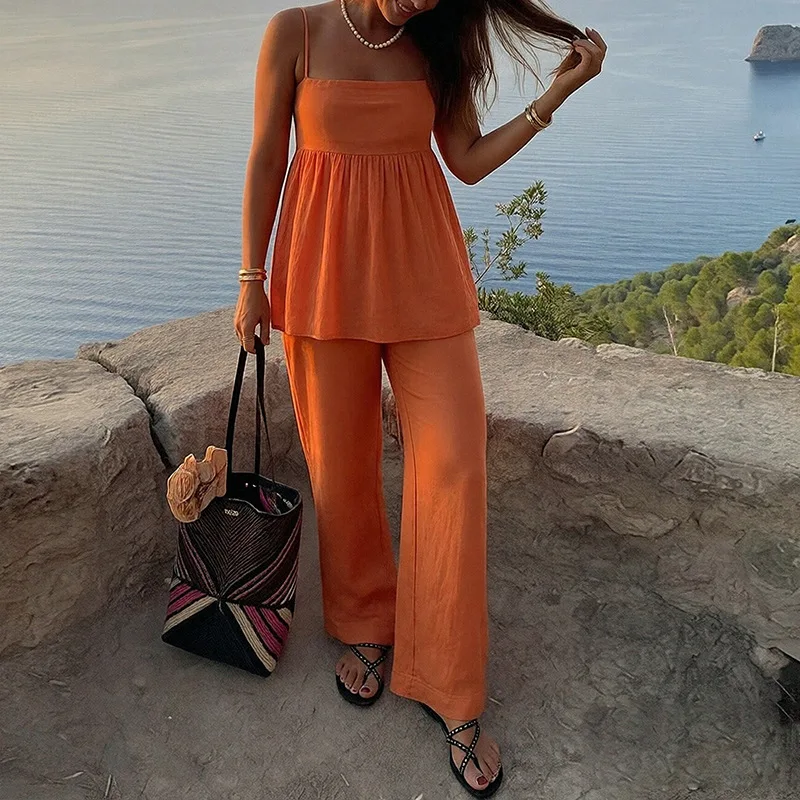 

Women's Fashion Orange Linen Cotton Two Piece Sets Summer Sleeveless Sling Top & Straight Pant Casual Beach Holiday Outfits