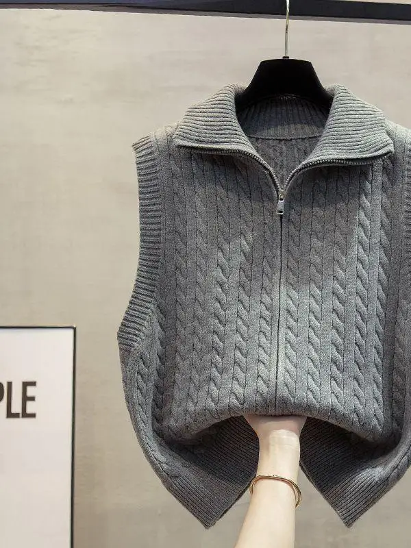 Women's Knitted Zipper Vest Spring Autumn Sleeveless Stand Collar Outerwear Pure Color Layering Fashionable Shoulder Pad