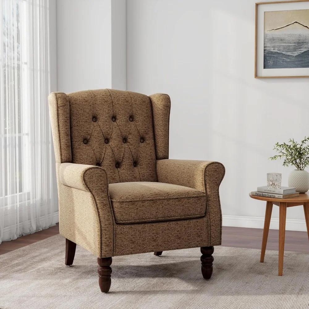 Silla decorativa, sillón tapizado con respaldo alto capitoné con botones y patas de madera maciza, cómoda silla individual de lectura con respaldo de ala para