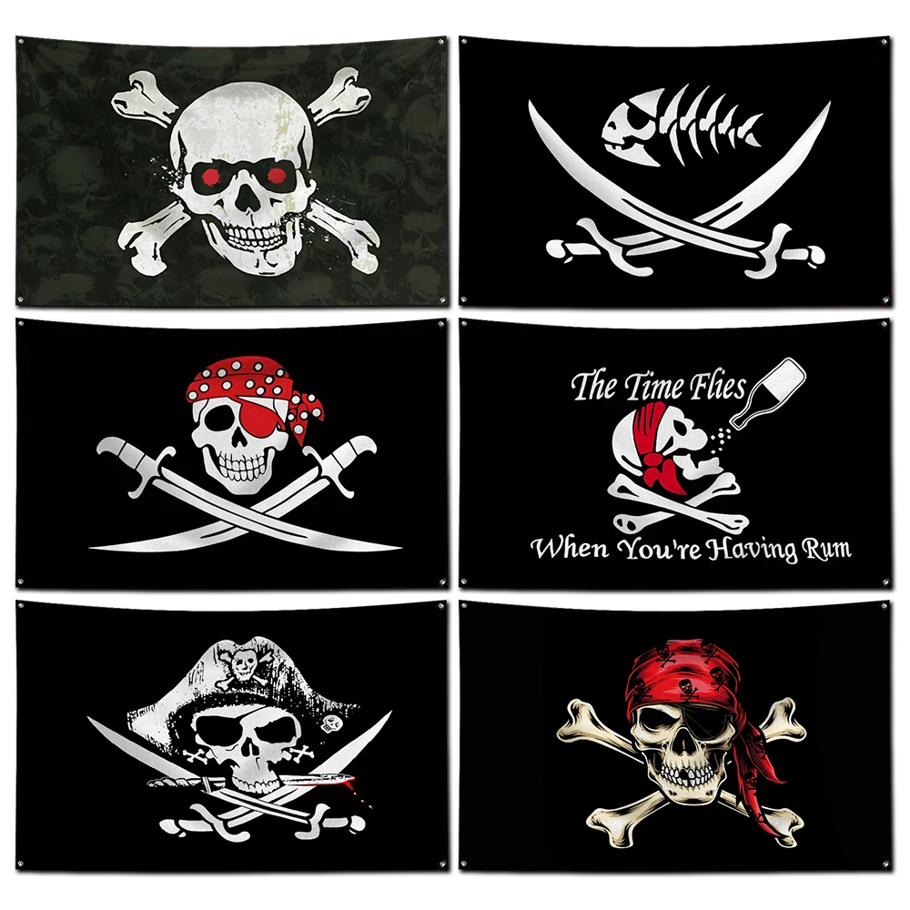 3x5 Ft Skull Pirate Flag Polyester Digital Printing Jolly Roger Banner for Garage Wall Out Door Decoration With Brass Grommets