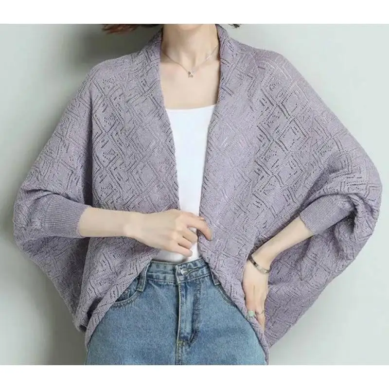 Spring Summer Blouses Wear Women Ice Silk Knitted Cardigan Sunproof  Hollow Shawl Poncho Lady Capes Knitting Blue Cloaks