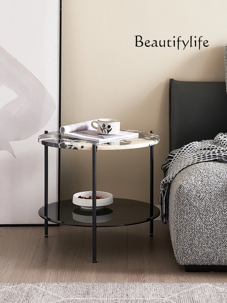 Italian Minimalist Natural Marble Corner Table Designer Home Retro round Sofa Side Table