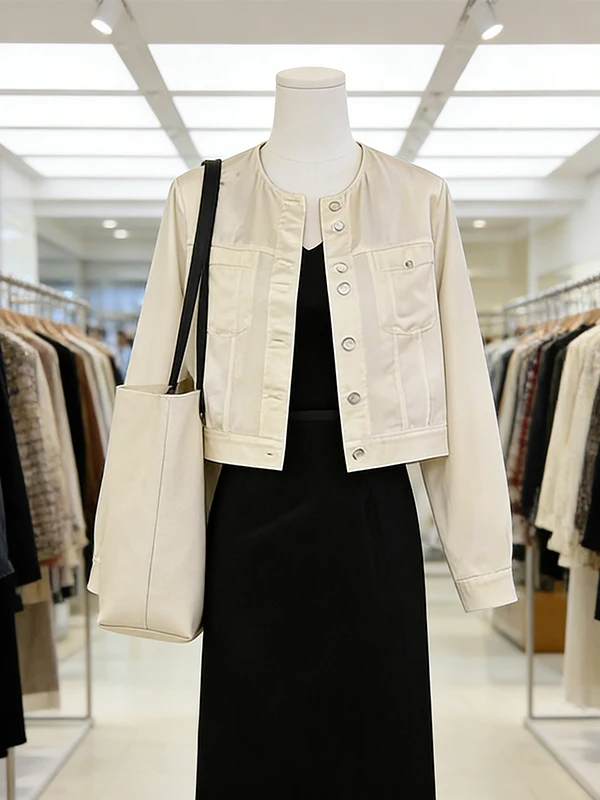 Ropa de Exterior de Primavera de Talla Grande en Color Albaricoque con Falda Negra con Abertura para un Efecto Adelgazante, Disponible en Tienda Física