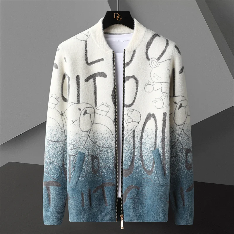 Cárdigan con estampado de letras degradadas para hombre, suéteres coreanos, abrigo de diseñador, Chaqueta de punto a la moda para otoño