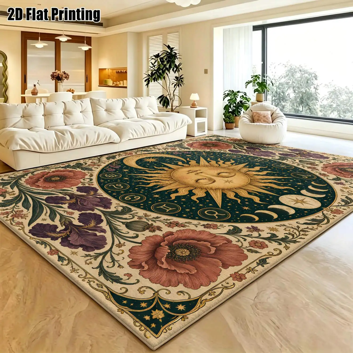 1Pc 2D Printed Carpet: Retro Sun&Moon Flower Patterns, European/Bohemian/Geometric Styles Machine Washable, Multi-Size, Ideal for Home Decor Such as Entryway/Dining Room/Foyer/Bedroom/Living Room.