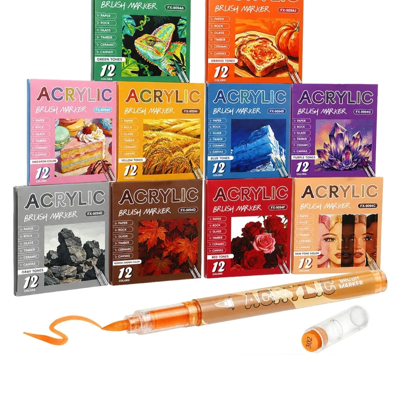 12 Colors Acrylic Brush Marker Pens Set Flexible Precise Tips Vivid Opaque Quick Drying Ink 120 Total Colors for Painting A3423