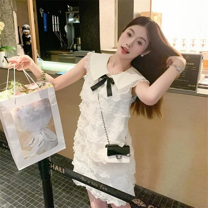 French Palace Celebrity Lace Doll Collar Mini Dress Bow Princess Girl Birthday Party Dress Women Sleeveless A Line Short Skirt