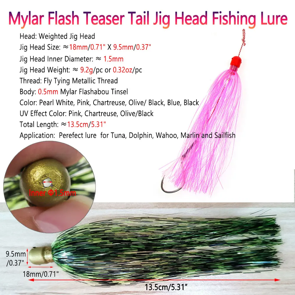 Bimoo Mylar Flash Teaser Tail Jig Head Fishing Lure Bait Hollow Jig Head Flasher Skirt Lure for Saltwater Fishing Accessories