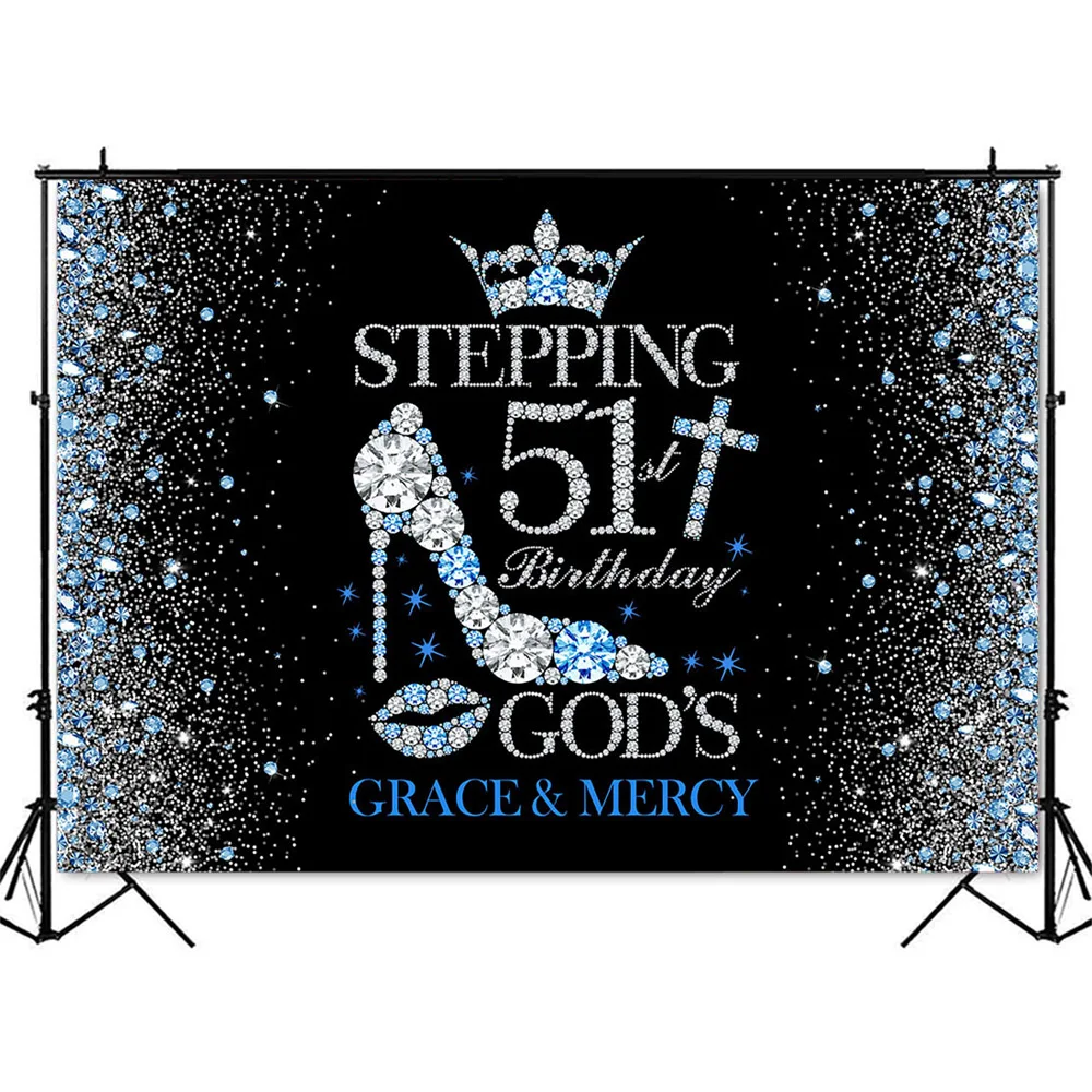 Women's Birthday Party Backdrop Sliver Glitter Diamonds Photo Background 51st Birthday God's Grace and Mercy Birthday Backdrops