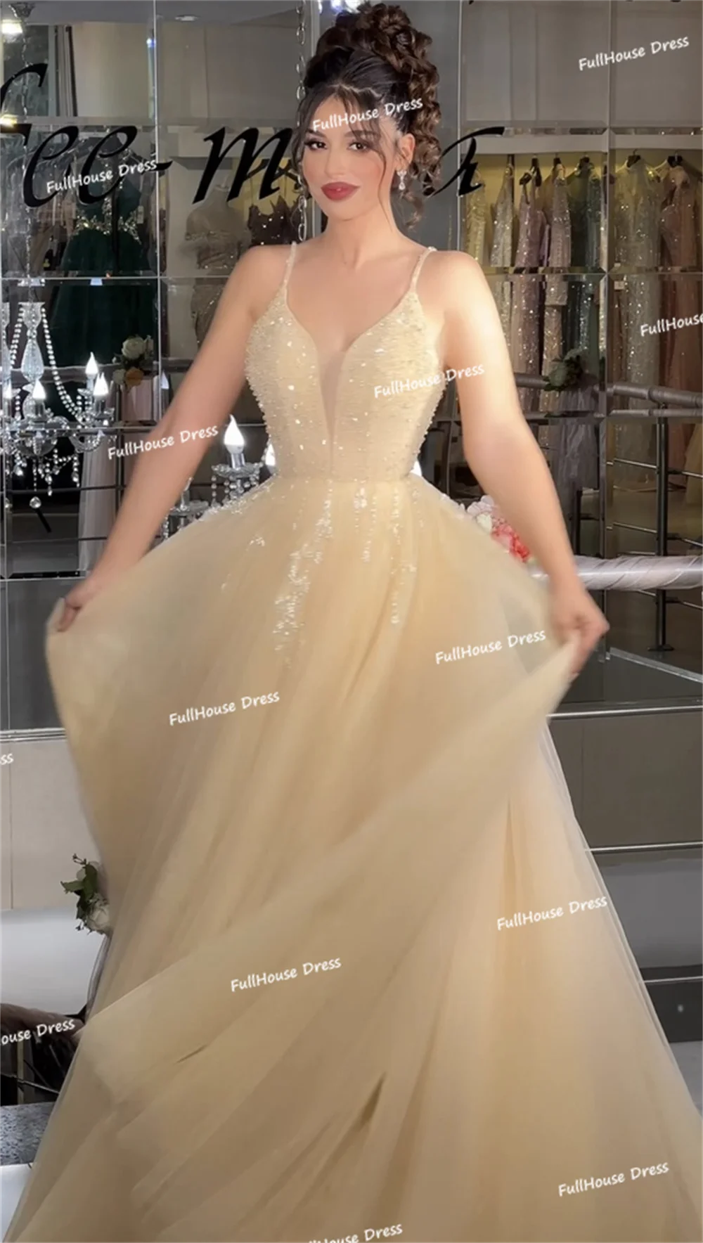 Custom Made Fantastic V-neck Tulle A-line Beading Shiny Evening Dress Floor Length Backless Feathers Party Dress with Train