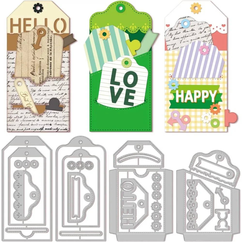 4Set 23Pcs Label Pocket Cutting Dies for DIY Scrapbooking Metal Bookmarks Bags Die Cuts Template Decoration Album Craft Decor