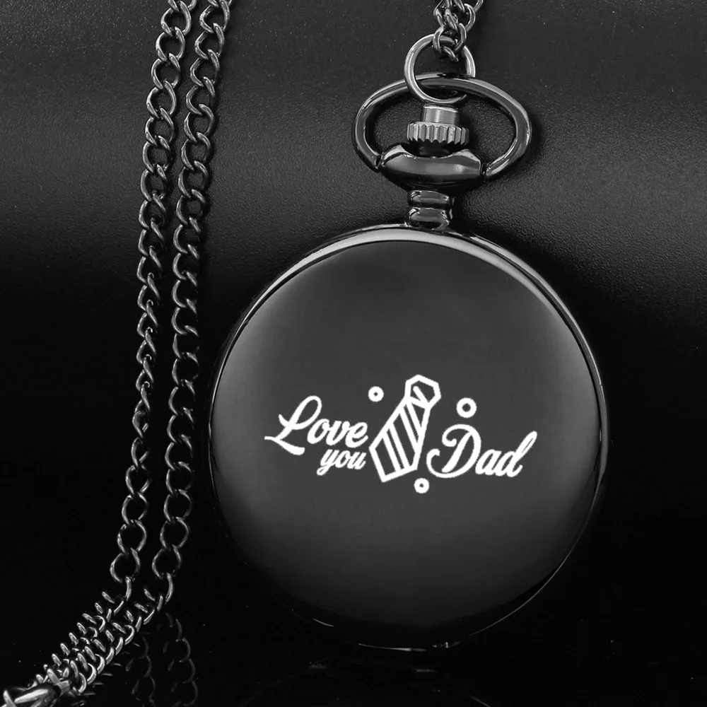 Love you,Dad-fashion design carving english alphabet face pocket watch a belt chain Black quartz watch, regalo perfecto para el Día del Padre