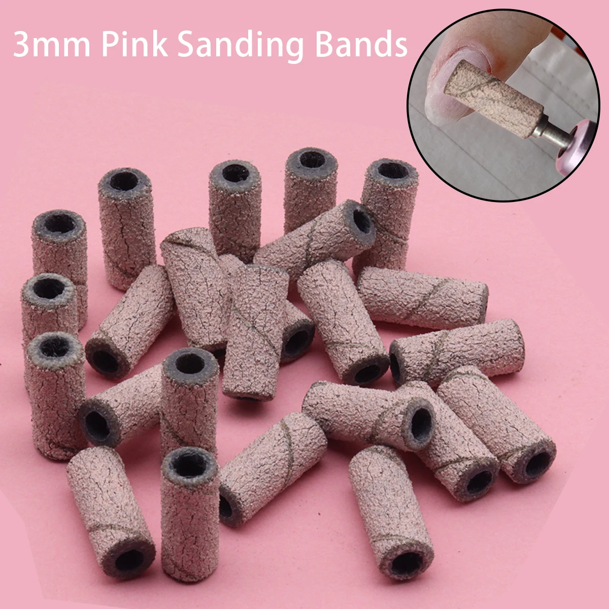 Pink 20pcs 3mm Mini Zebra Sanding Bands Stainless Steel Nail Drill Bits Mandrel Electric Manicure Accessories Tool 2Grits