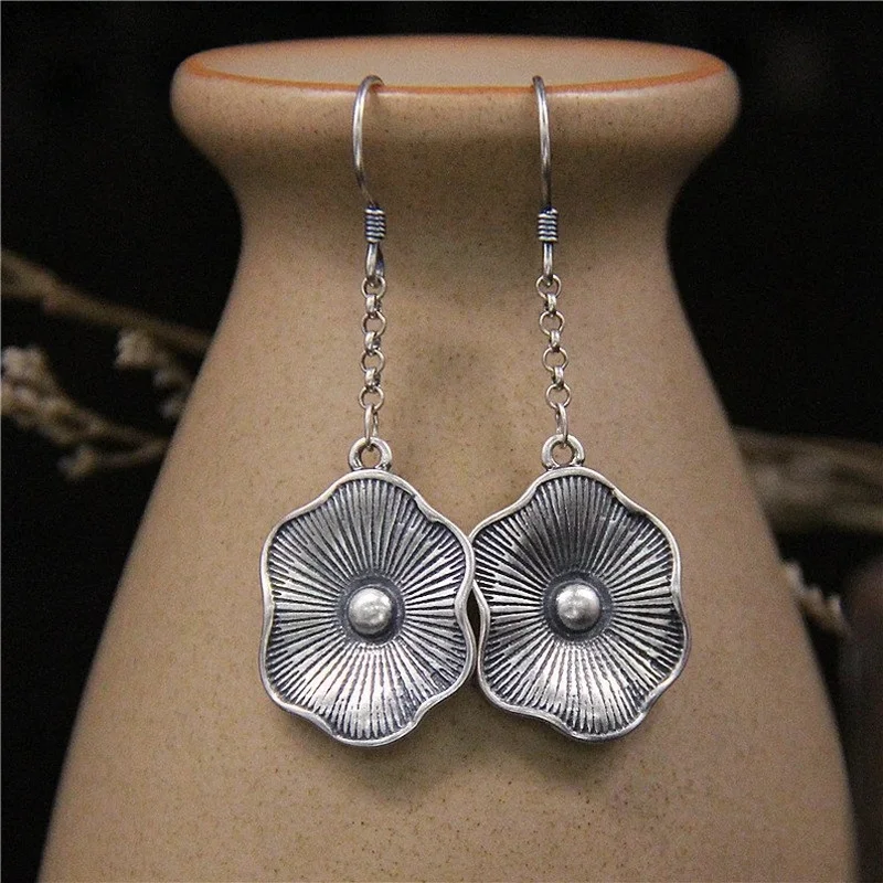 Vintage Silver Flower Earrings Ethnic Metal Round Carving Plant Blooming Plant Inlaid Zircon Long Personalized Earrings