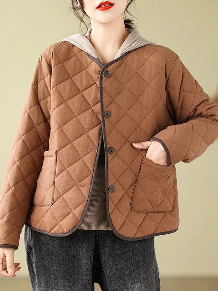 Women Casual Quilted Coats New Arrival 2023 Autumn Winter Vintage Style Solid Color Loose Female Long Sleeve Padded Jacket B3184