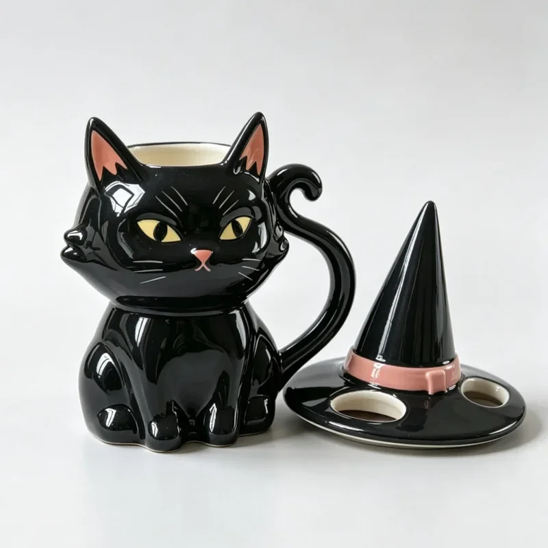 Ceramic Black Cat Mug Witch Hat Lid Coffee Cup Cute Halloween Tea Water Drinkware Home Dorm Party Gift for Women Cat Lovers