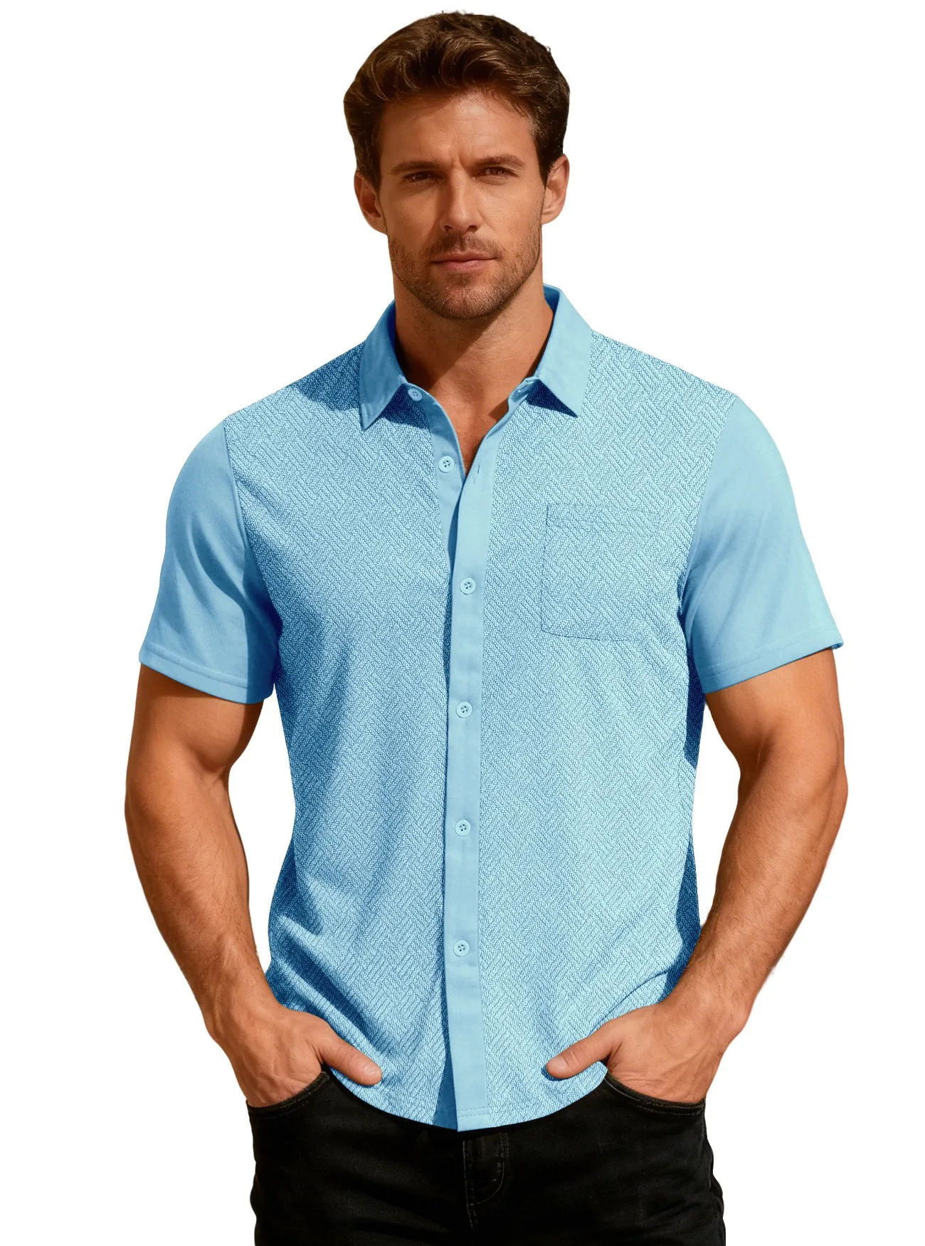 

Men's Jacquard Patchwork Short Sleeve Lapel Cardigan American Trendy Casual Loose Breathable Plus Size Daily Streetwear Fashion