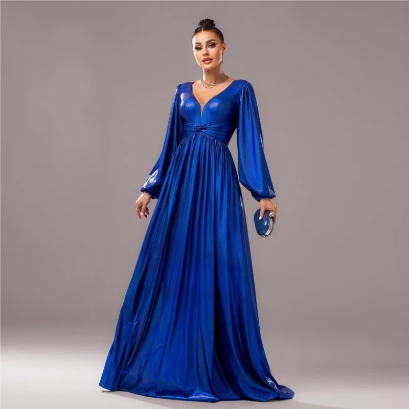 EDGLuLu Sexy Deep V-Neck Lantern Sleeves Evening Dress Woman Elegant Loose Birthday Dress Party Blue Long Mermaid Dress 1221