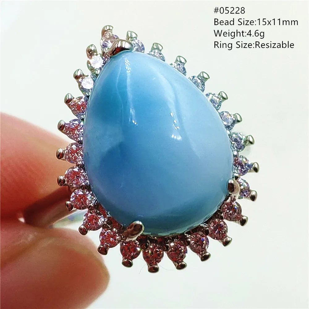 Natural Blue Larimar Adjustable Ring 925 Sterling Silver Larimar Gemstone Women Men Water Pattern AAAAA