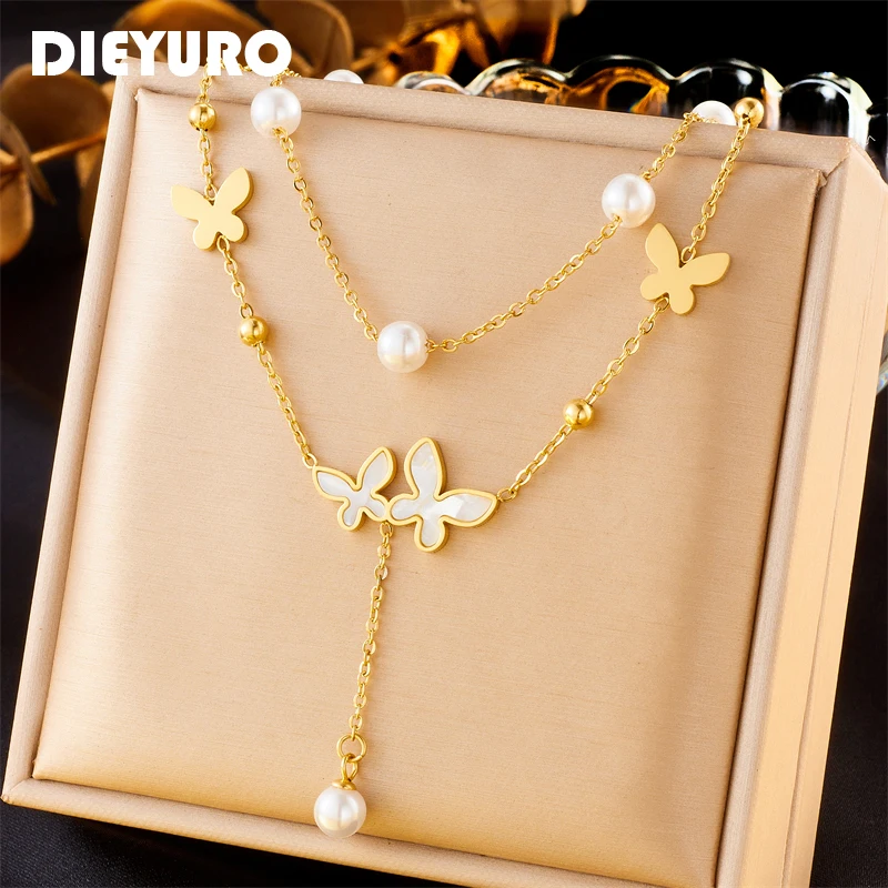 

DIEYURO 316L Stainless Steel Butterfly Pearl Pendant Necklace For Women Girl New Trendy Neck Chain Jewelry Gift Birthday collier