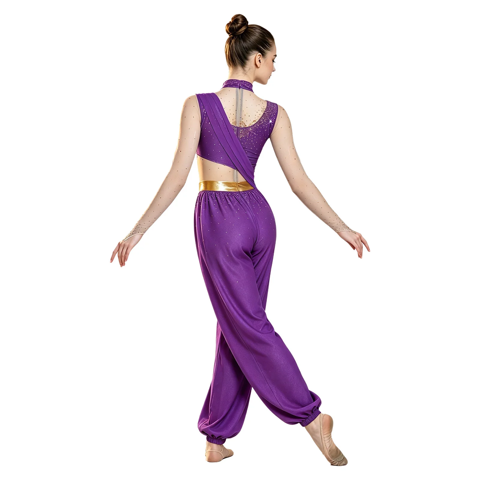 Bauchtanz-Outfit für Damen mit Strasssteinen, Märchenprinzessin-Kostüm, Transparenter Mesh-Jumpsuit mit Langen Ärmeln und Metallischer Taillenlinie – Detail 13