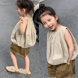 Girls' Clothing Sets Sleeveless Single Breasted Pumpkin Coat+ Curled Shorts 2024 Summer New Children's Sets Baby Kids Clothing