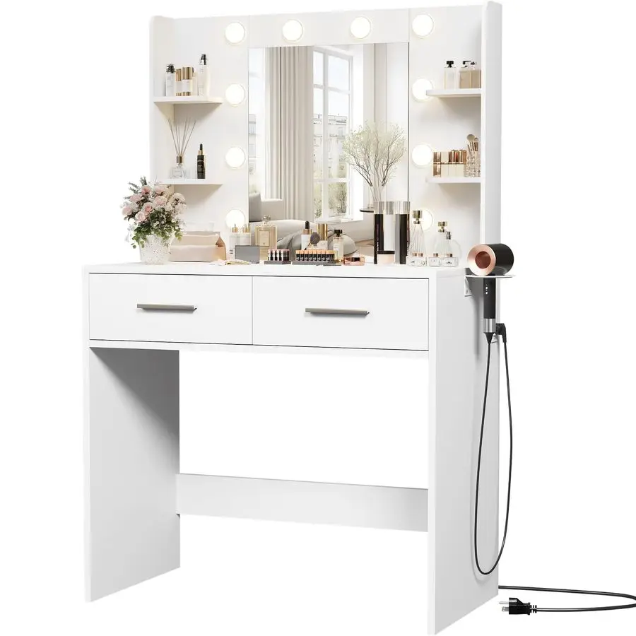 

Make up Vanity Desk with Mirror and Power Outlet, Vanitys with 3 Color Light Options Adjustable Brightness,Vanity Desk