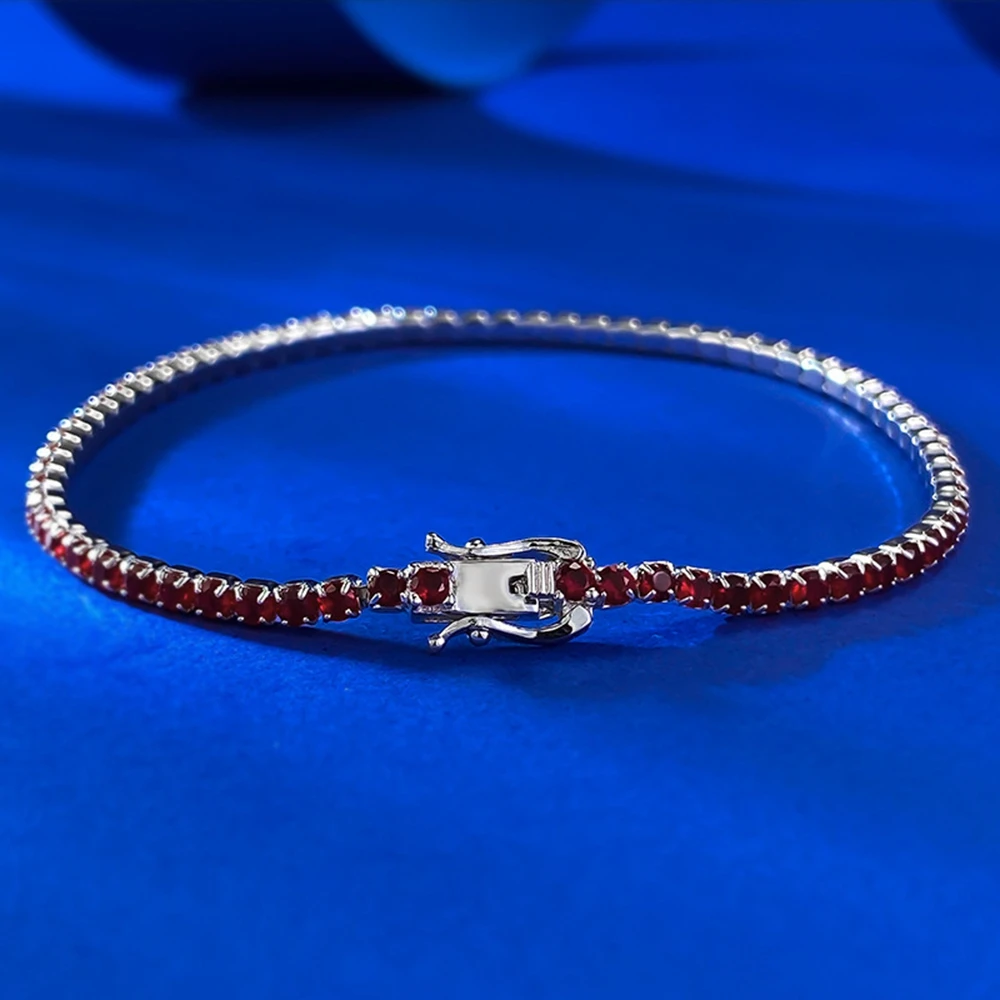 Wong Rain 100% 925 Sterling Silver 2MM Round Cut Ruby Gemstone Tennis Chain Bracelets Bangle for Women Fine Jewelry Wholesale