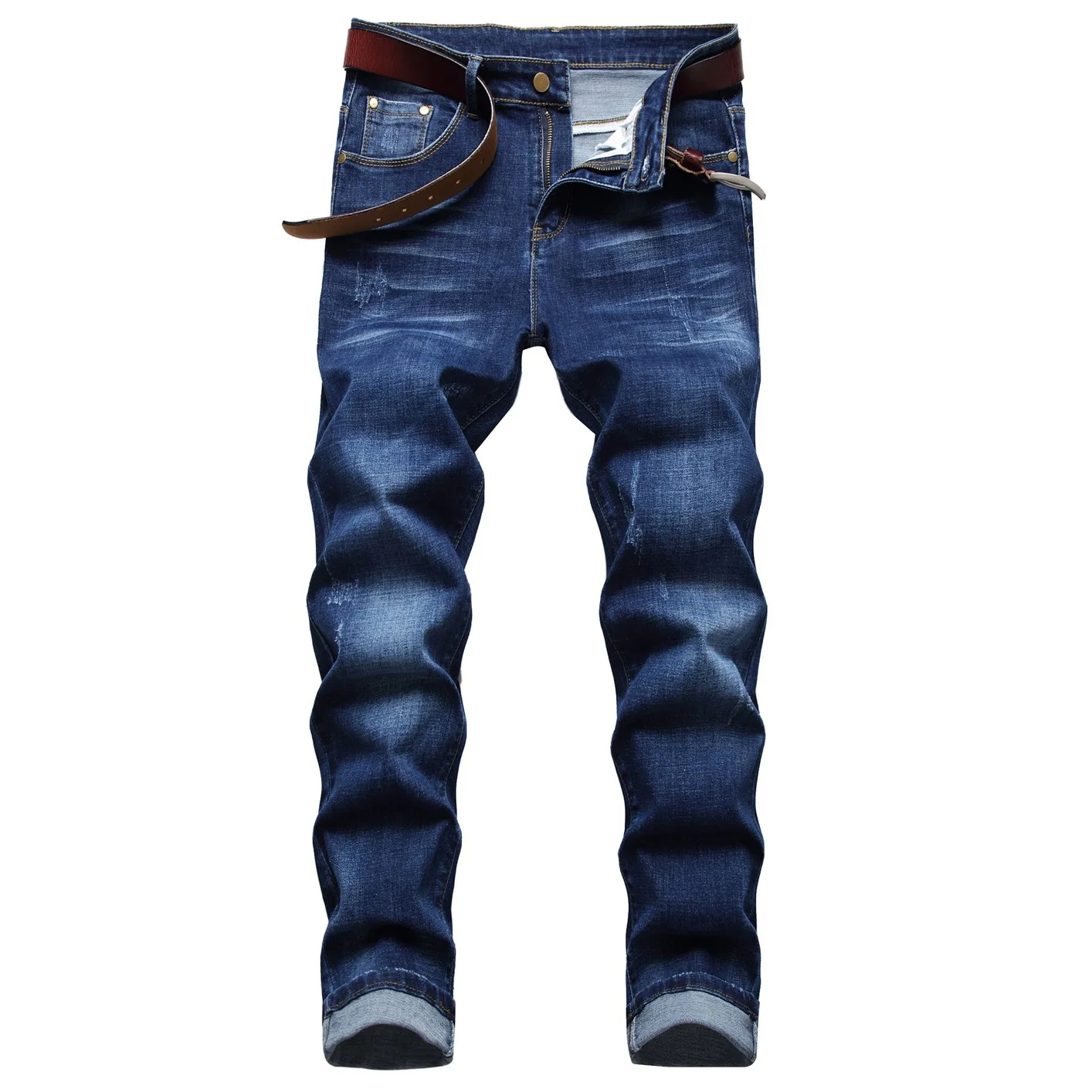 Summer Blue Jeans Men Mid Waist Plain Printed Spot Cotton Elastic Trousers Youth Denim Pants Pure Stretch Office Soft Breathable