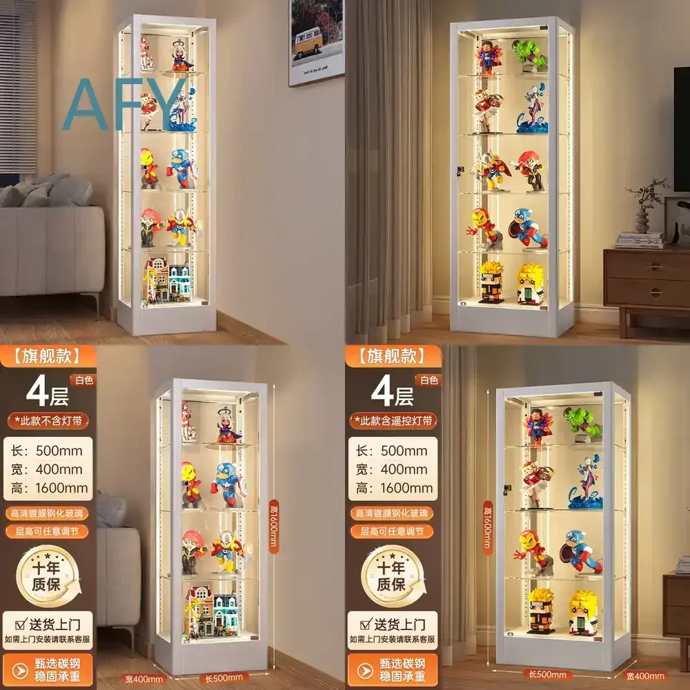 Figure Display Cabinet with LED Lamp Glass Shelf Dustproof Transparent Acrylic for Action Figure Collectible Toy Model