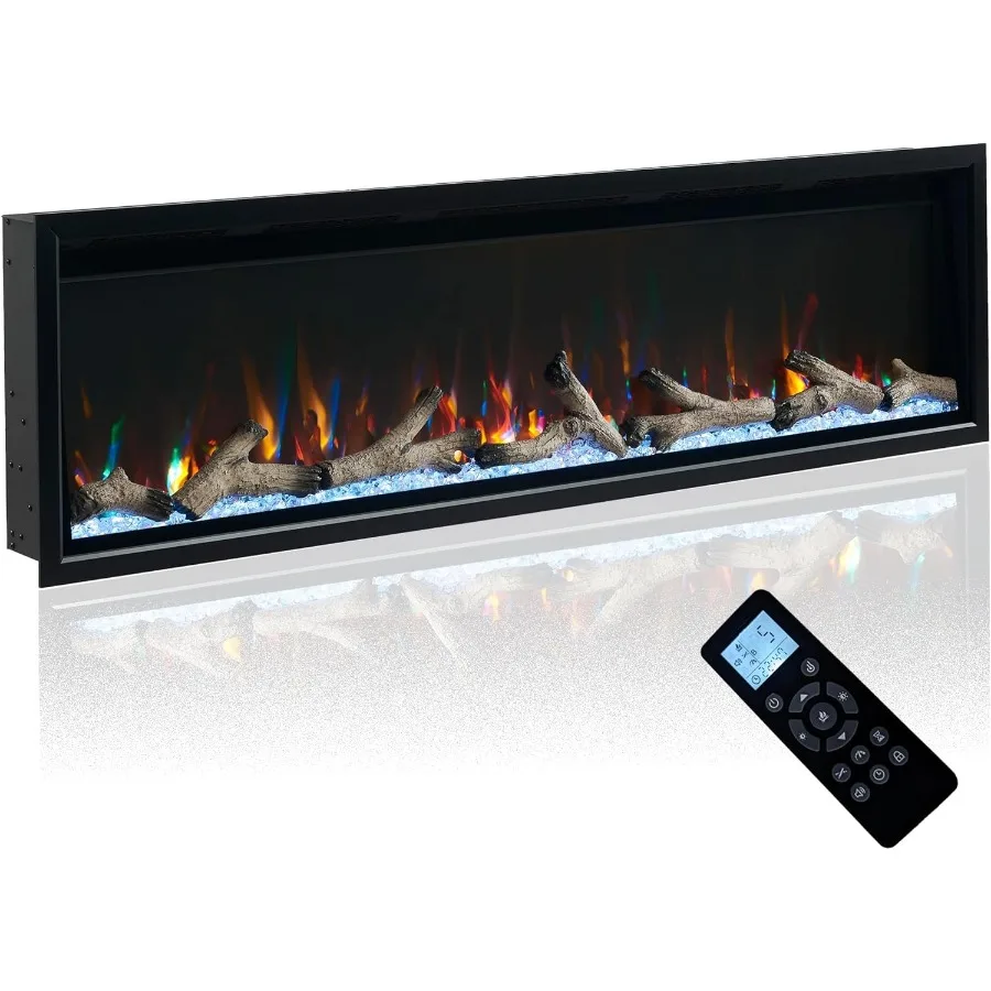 

60 Inch Electric Fireplace with Aluminum Frame and Hidden Air Vents Design for Living Room or Bedroom Recessed and Wall Mounted