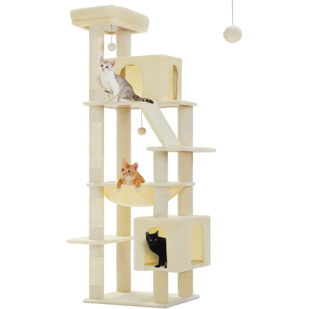 

71 Inch Tall Cat Tree for Indoor Cats Large Adult, Multi-Level Cat Tower with Extra Large Hammock, 2 Cat Caves, Spacious Top Per