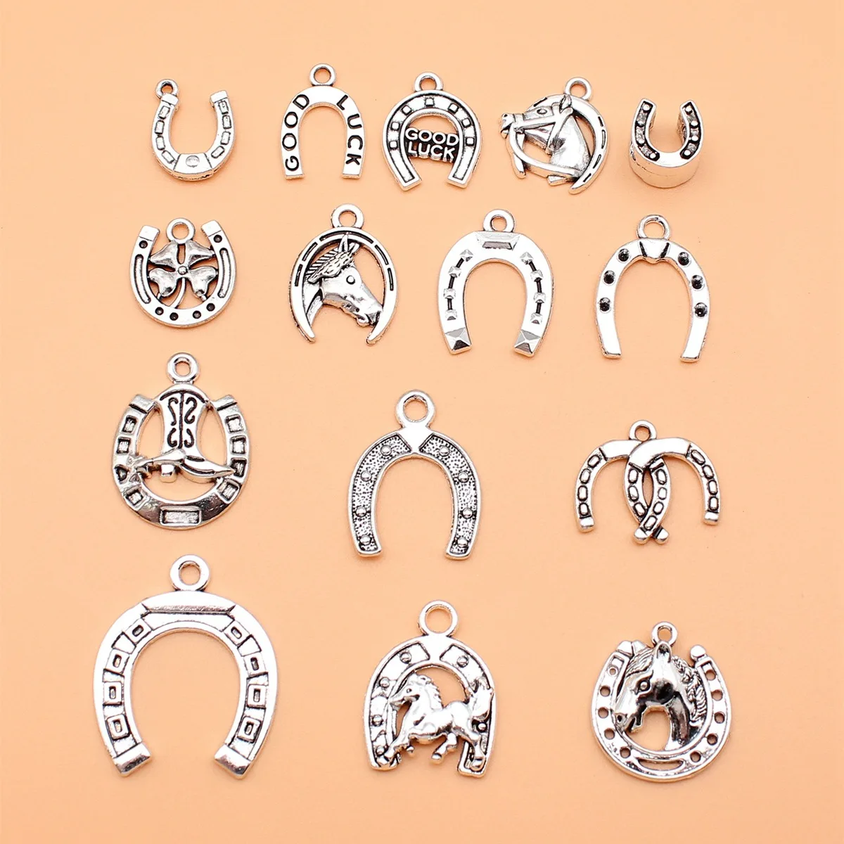 15pcs Antique Silver Color Lucky Horseshoes Charms Collection For DIY Jewelry Making, 15 Styles, 1 of Each