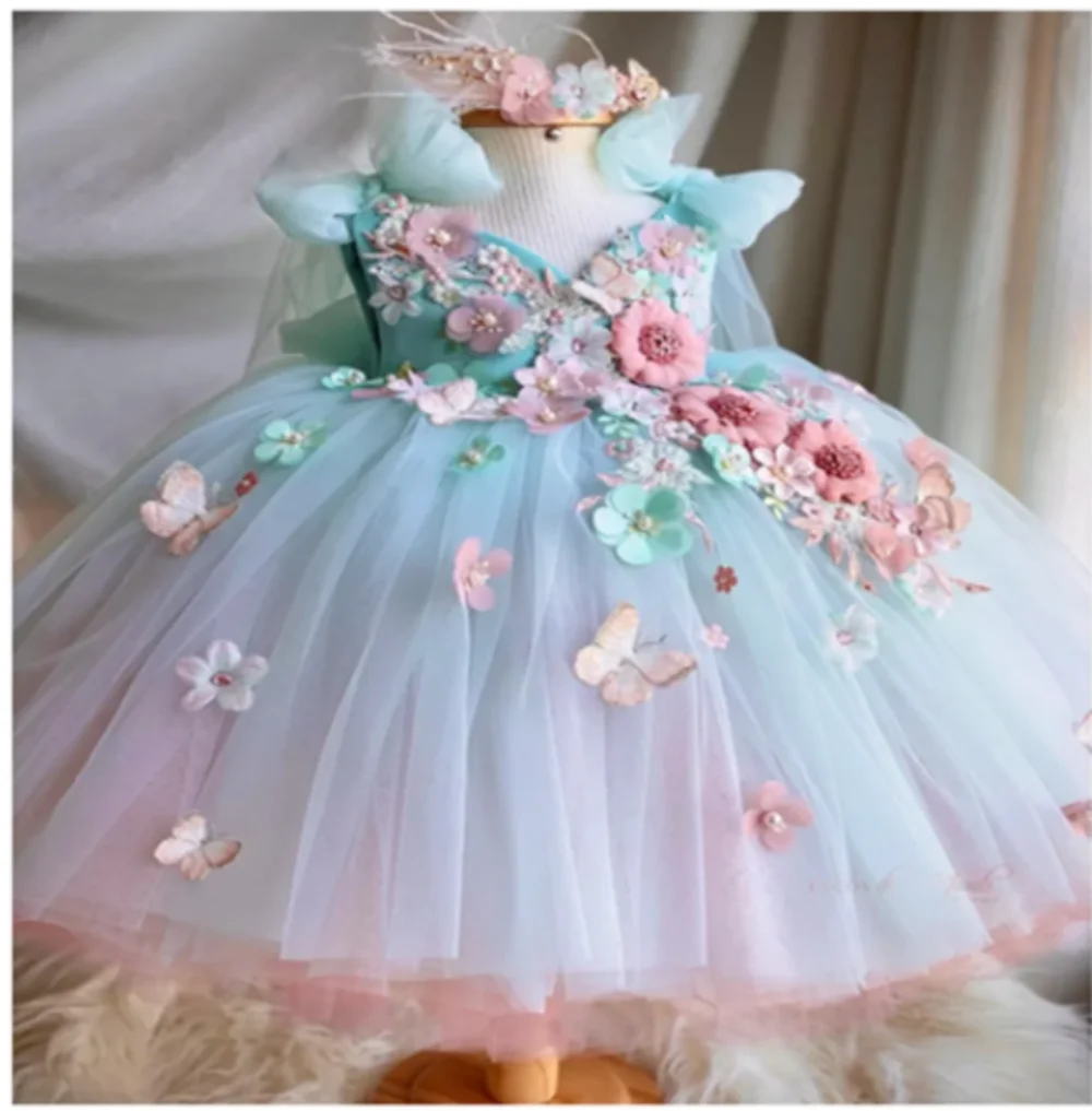 

Flower Girl Dress Cute Girls Pageant Dresses Puffy Lace 3D Floral Appliques Ball Dress For Wedding First Communiuon Gowns