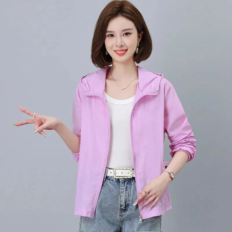 Women Jacket Summer Sunscreen Clothes 2024 New Middle-aged Mothers Large Size Loose Hooded Sun Protection Thin Coat M-4XL