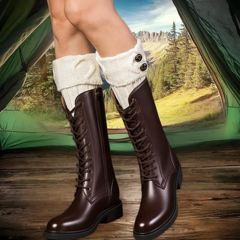 1 Pairs الخريف الشتاء المرأة قصيرة المعين الوجه 2 زر جهاز تدفئة القدمين محبوك جوارب قماشية موضة واقي أحذية بلاستيك تدفئة الساق