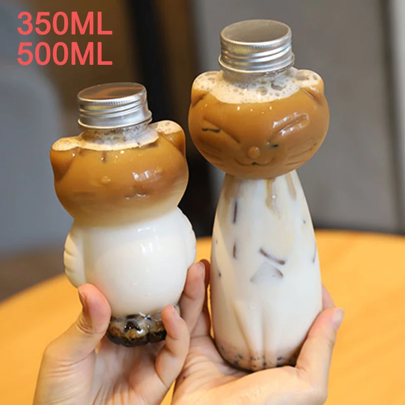 Kawaii Cat Water Bottles for Milk Tea Coffee Juice Portable Drinking Cup Home Transparent Juicing Beverage Drink Bottle BPA Free