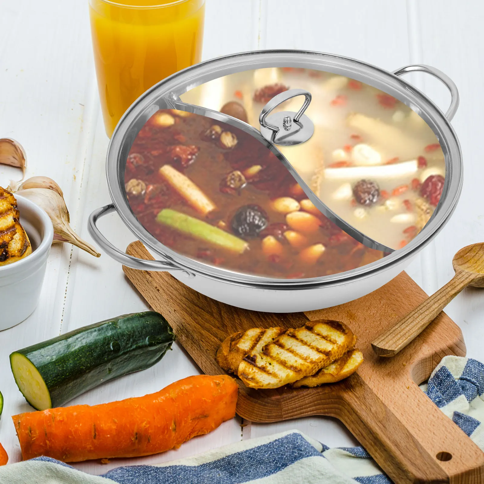 

Stainless Steel Hot Large Capacity Dual Compartment Family Party Use Divider Pan Even Heat Cooking Hot Set Stock